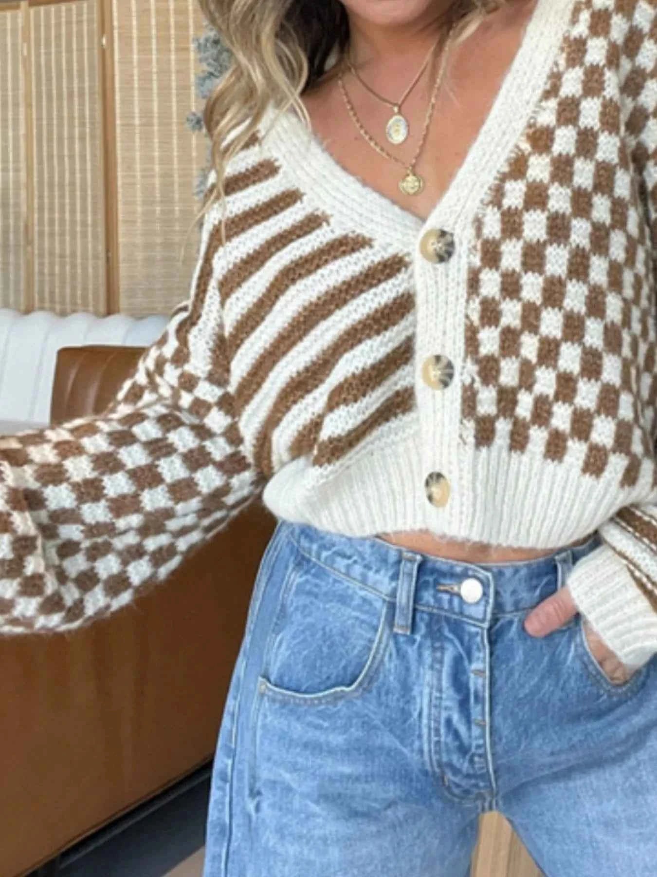 Checkered and Striped Pattern Button-Front Cropped Cardigan c4dcb248-cd9f-47ef-a96b-8c9d33f7109b-Max-Origin