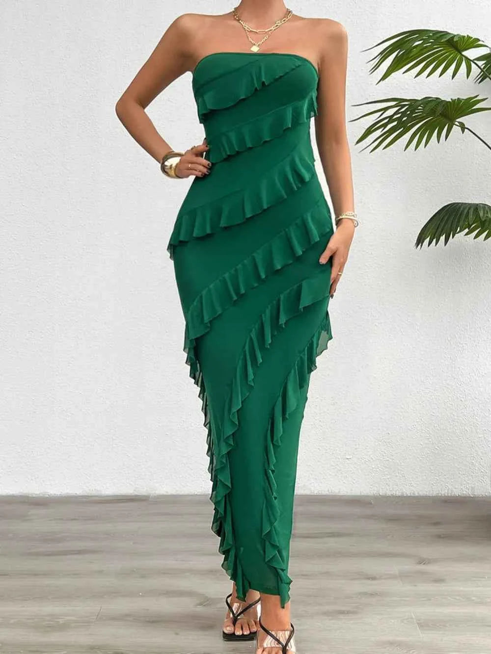 Ruffled Slit Back Tube Maxi Dress Dark Green c4de0b8a-faa7-4c7b-8e8d-1e1c76f837b1-Max