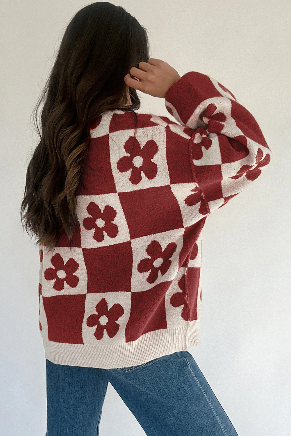Red Dahlia Flower Colorblock Checkered Henley Sweater c4dfef25bd5e8e8a