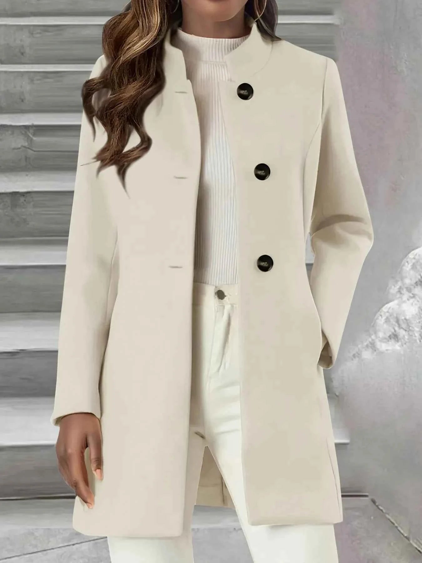 Single-Breasted Stand Collar Coat with Pocket Cream c4e077a03b0f4aa09001bfdbe63e9ce7-Max-Origin