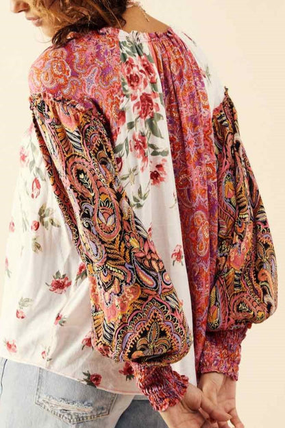 Frill Floral Shirred Cuff Long Sleeve Blouse