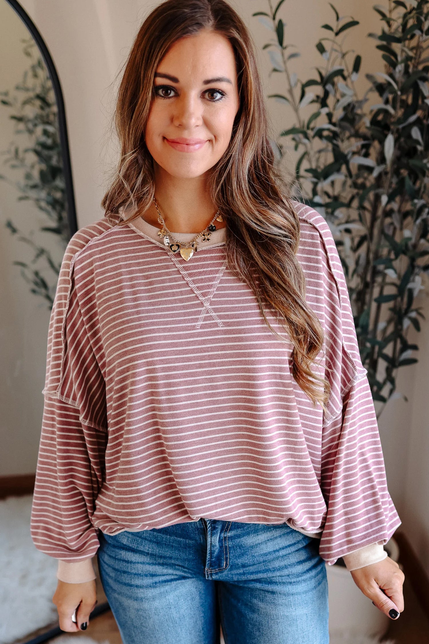 Pink Stripe Exposed Stitching Patchwork Casual Long Sleeve Top c4e10f6dba89aa7c