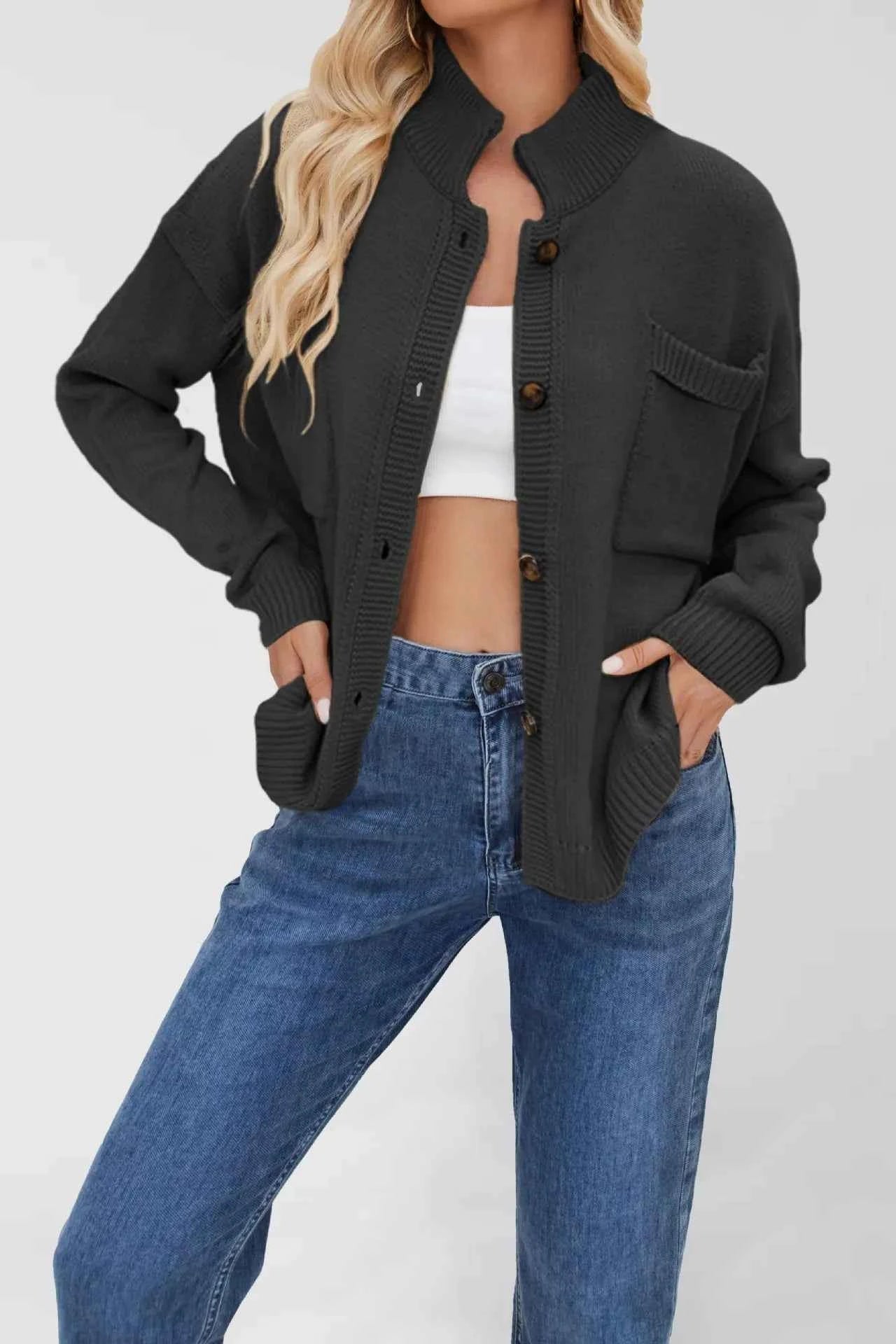 Ribbed Hem Button Up Cardigan Black c4e197e5-49fe-478f-b12f-b82b80990e5c-Max-Origin