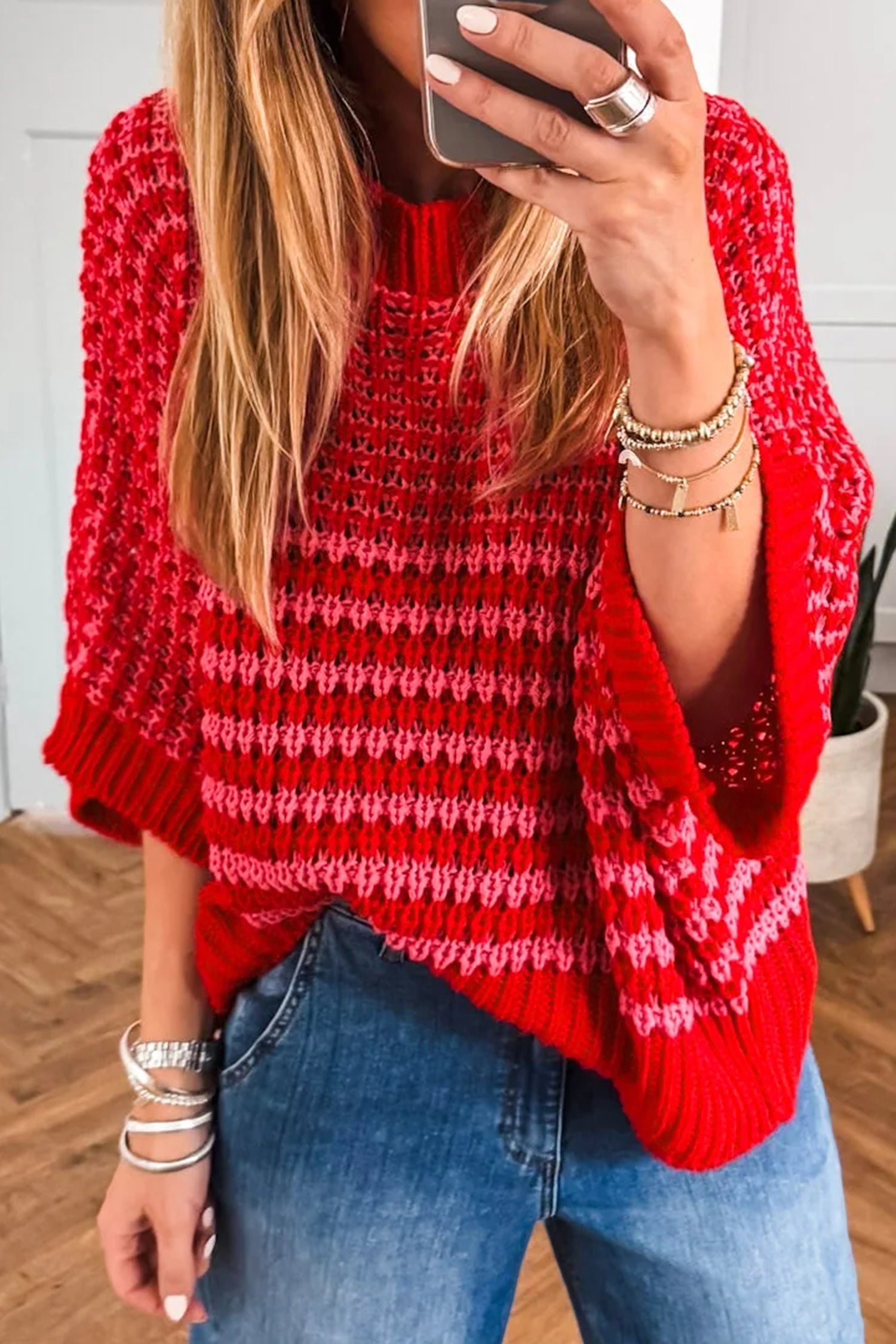 Black Stripe 3/4 Draped Sleeve Slouchy Sweater Red Stripe 100%Acrylic c4e459253ba24e35