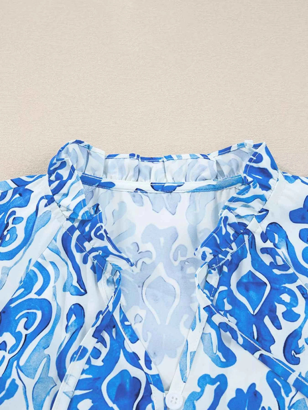 Printed Tie Split Neck Button Front Puff Sleeve Shirt c4e673da00c145e1be2da049d6678bd6-Max-Origin