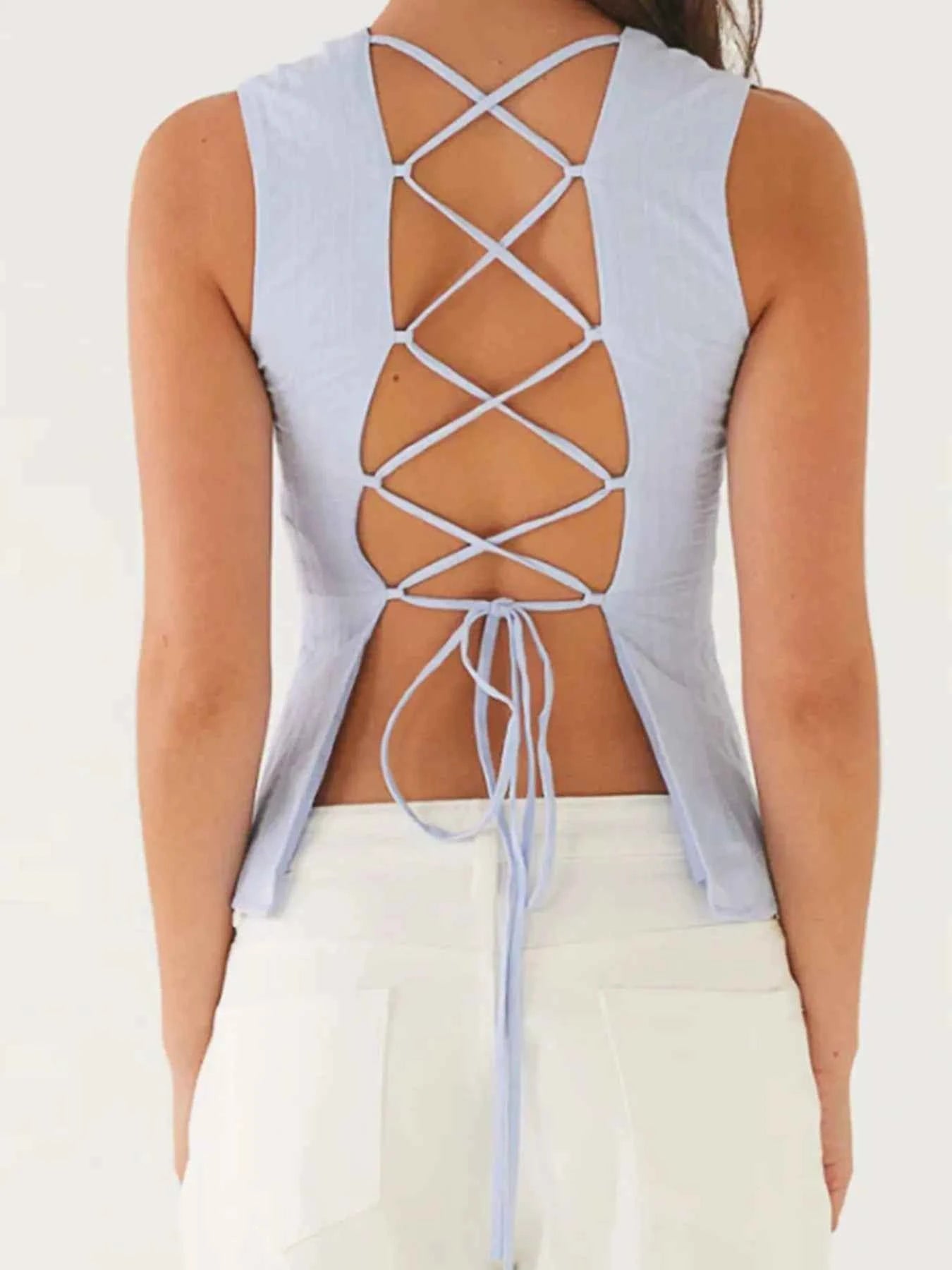 Back Lace Up Sleeveless Top with Cinched Waist Design c4f0e7c1-0c8d-4815-a15e-7962a40c9bcf-Max-Origin