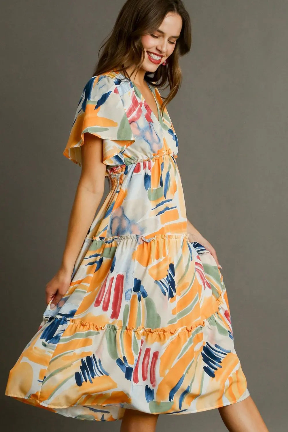 Umgee Full Size Abstract Print Flutter Sleeve Frill Tiered Midi Dress Plus Size c4f65222-ff61-498f-934b-631ef92fd236-Max