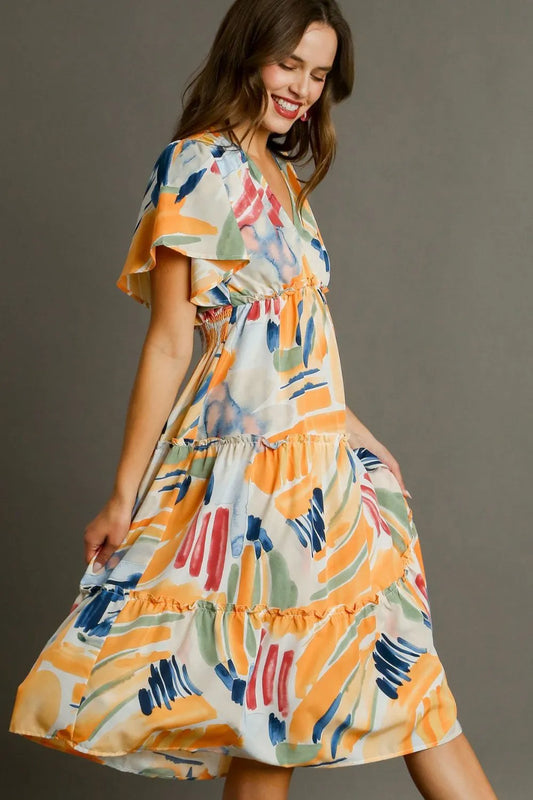 Umgee Full Size Abstract Print Flutter Sleeve Frill Tiered Midi Dress Plus Size c4f65222-ff61-498f-934b-631ef92fd236-Max