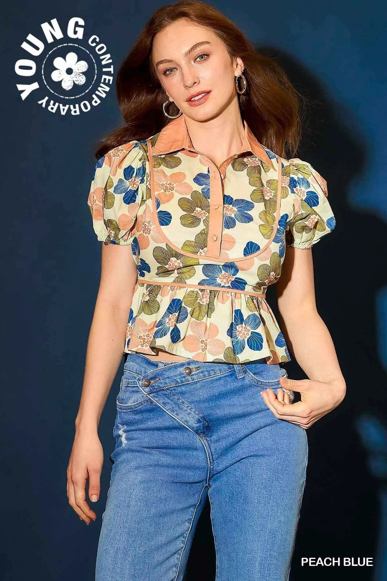 Umgee Floral Print Puff Sleeve Cropped Blouse PEACH BLUE c4f71fce-ec2b-4c48-8d11-3ff8c4c30e61-Max-Origin