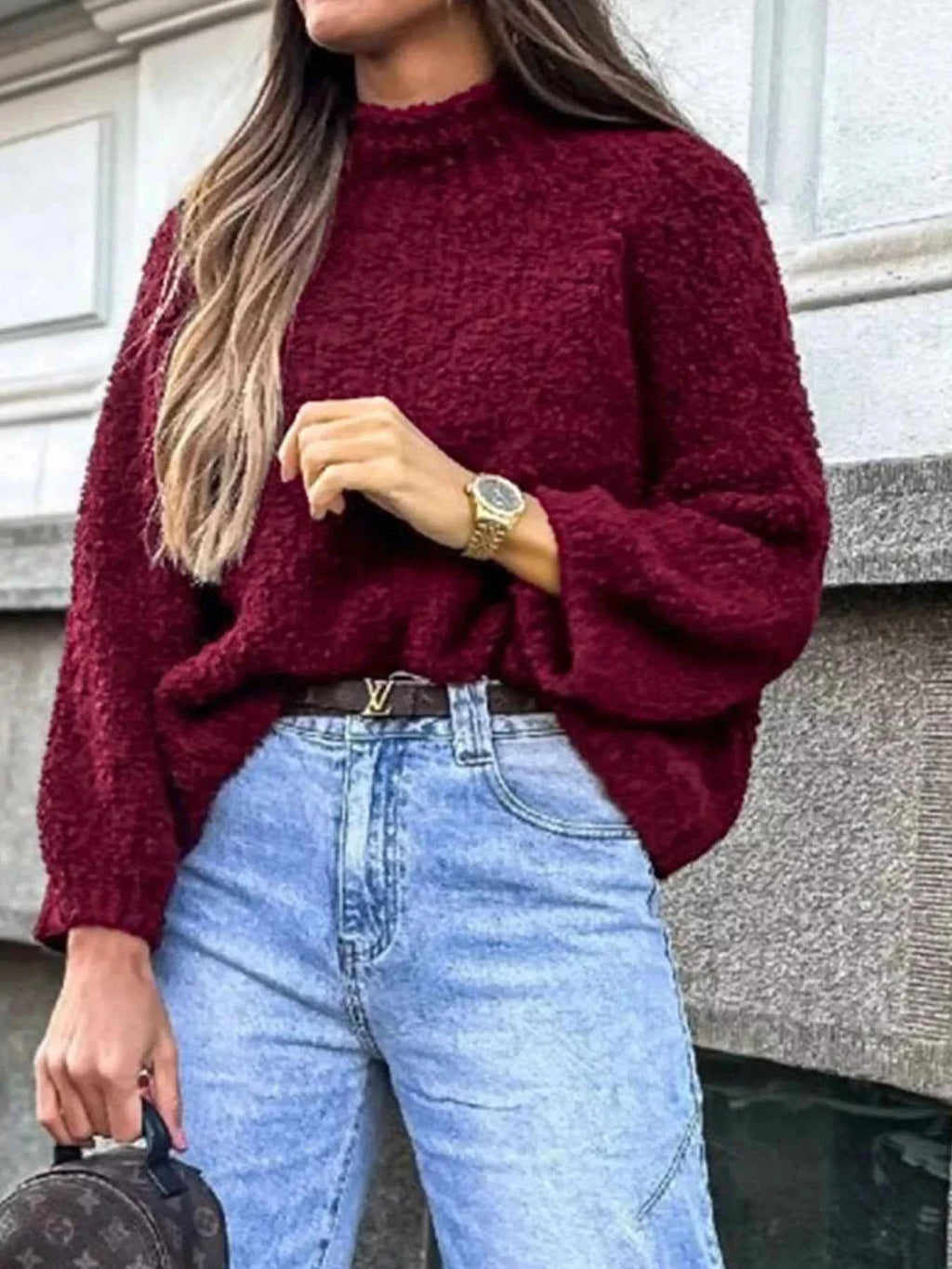 Textured Knit Mock Neck Sweater Burgundy c4faad56-7708-497b-9b60-2ae1d2b4d056-Max-Origin