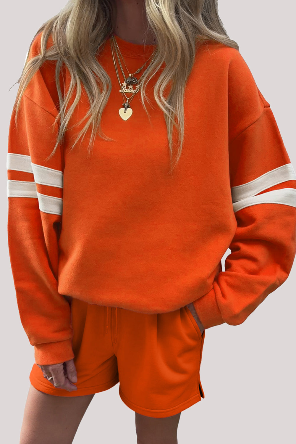 Orange Varsity Striped Sleeve Drop Shoulder Sweatshirt and Shorts Set c4fd81cb3b6d0a8b