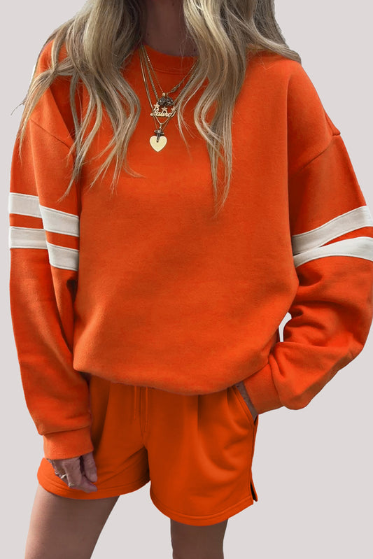 Orange Varsity Striped Sleeve Drop Shoulder Sweatshirt and Shorts Set c4fd81cb3b6d0a8b