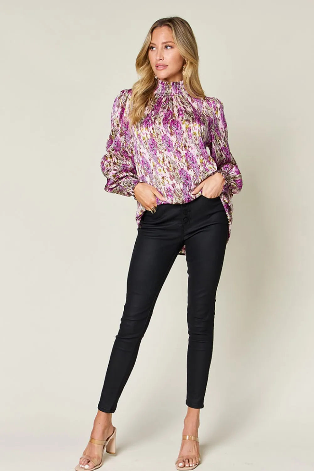 Double Take Full Size Printed Smocked Long Sleeve Blouse c504c6e1-bfff-4011-8c80-141dcfb116ee-Max