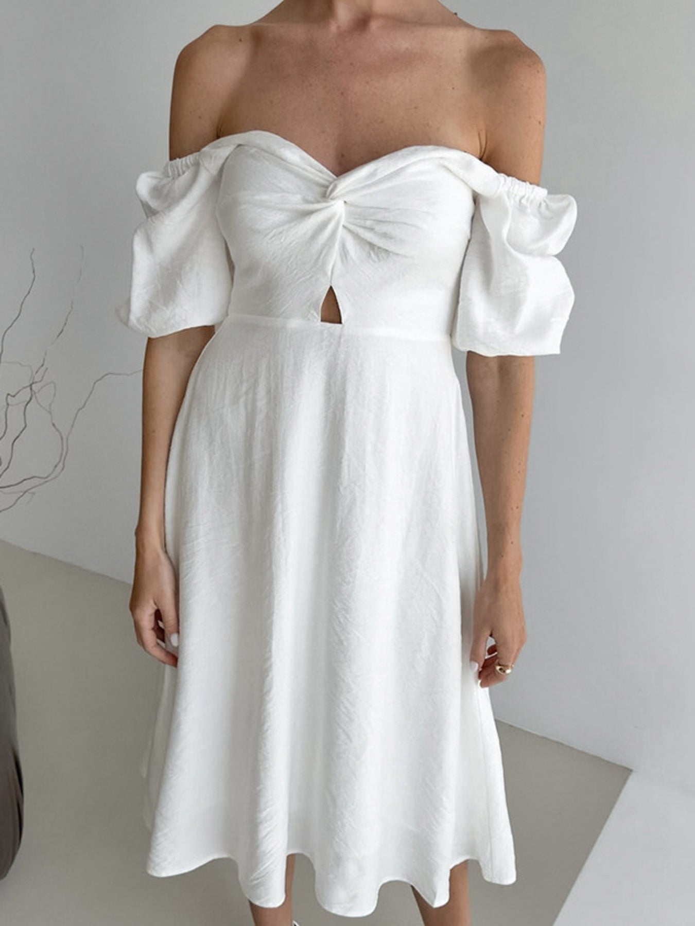 Twisted Front Puff Sleeve Midi Dress c50a586b63ed4a78924a50a8bfcd3188-Max