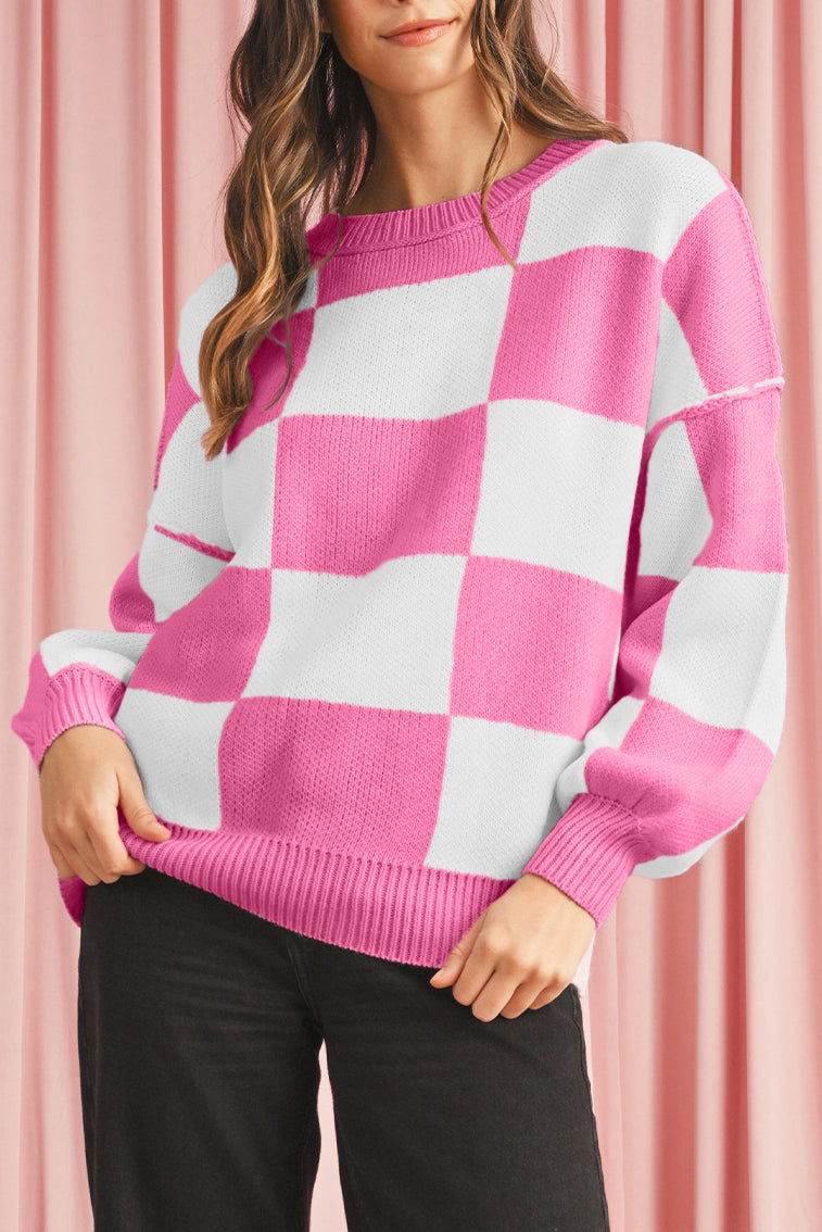 Orange & White Plaid Exposed Seam Bishop Sleeve Sweater rose 100%Acrylic c50f379dfacd075f