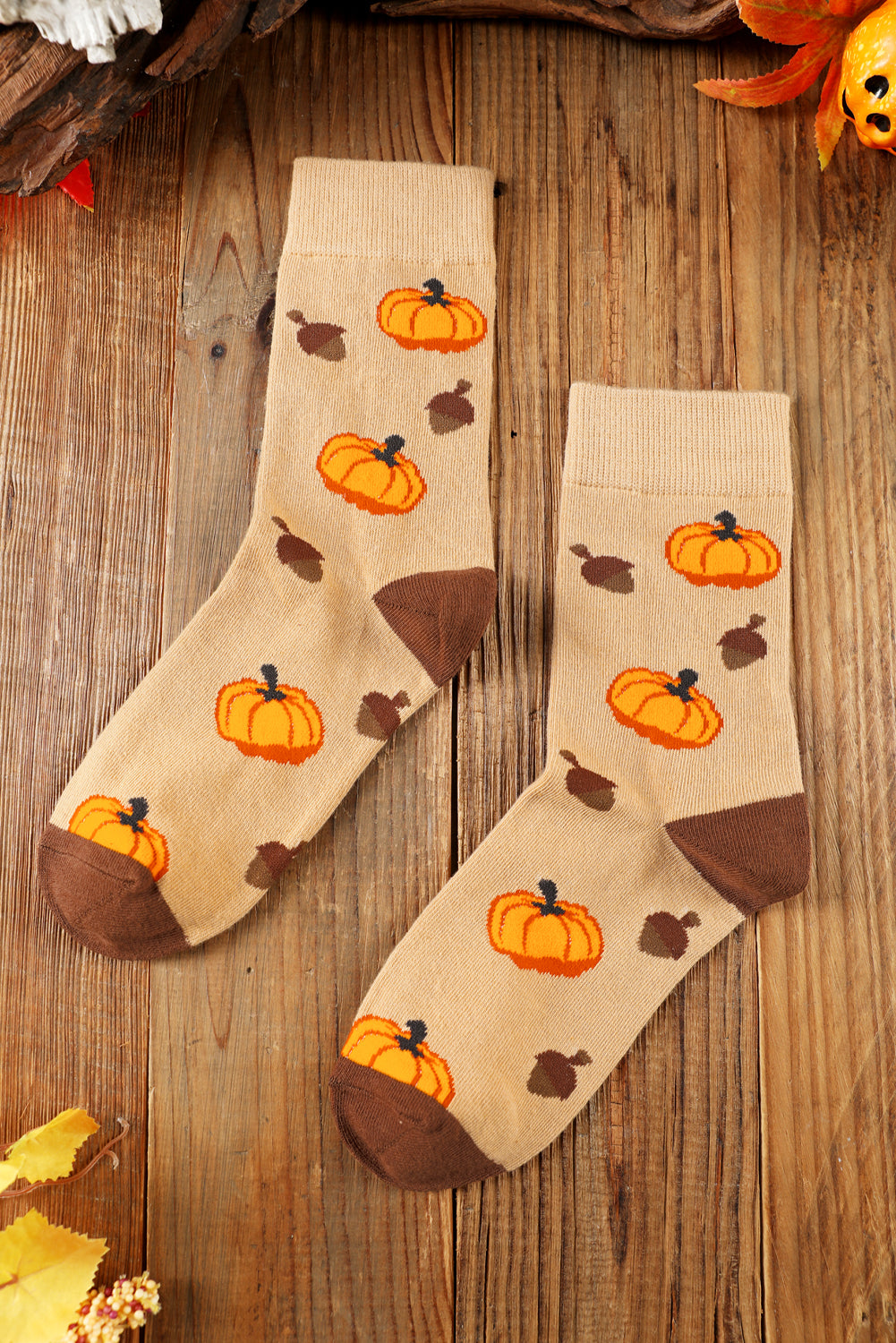 Parchment Pumpkin & Acorn Pattern Combed Cotton Crew Socks c511b10aea28a7e7