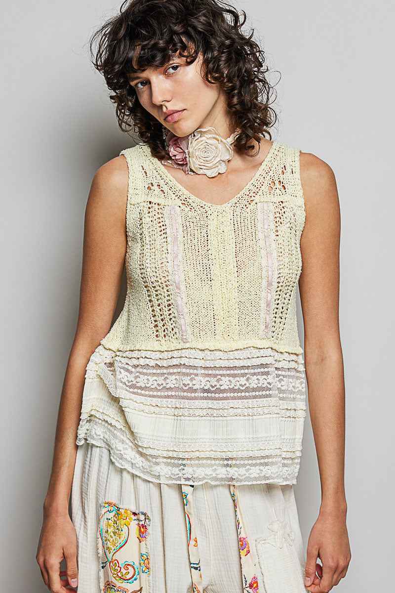 POL V-Neck Crochet Sweater Vest with Lace Trim LEMON c5135407-cfa3-4e3e-885d-34f21edc8b35-Max