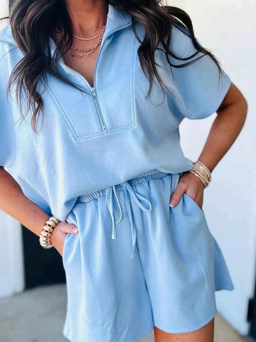 Solid Color Half Zip Loose Short Sleeve Sweatshirt 2pcs Set c51df5b9-d748-46bb-a819-ba513effafcd-Max-Origin