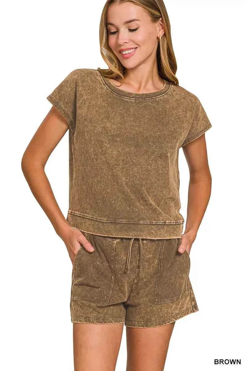 Zenana Premium Cotton Washed Sleeveless Top & Shorts Set BROWN c51e8b9b36ee40d1b094804b50909e0b-Max-Origin