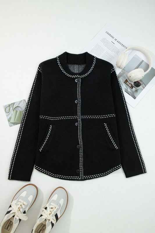Contrast Trim Button-Up Sweater Cardigan Black c5246a19-3e7e-47d2-8af6-160a55ca0452