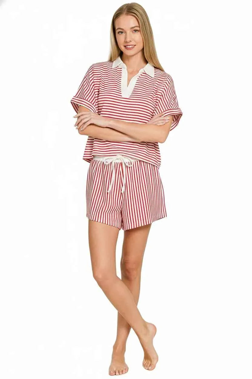 Zenana Striped Collared Top & Shorts Set c5249796-6320-4175-a822-2e675db5c0b9-Max-Origin