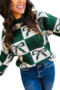 Blackish Green Bow Print Checkered Knit Sweater Blackish Green 52%Viscose+26%Polyester+22%Polyamide c5261f215fb85d32