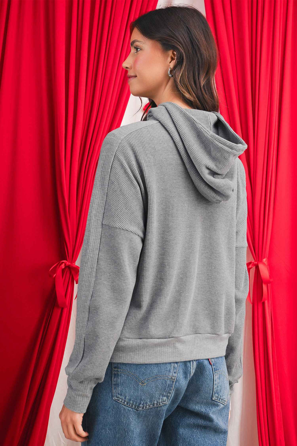 Burgundy Waffle Splicing Zip Up Front Button Hooded Jacket c53204034ae06737