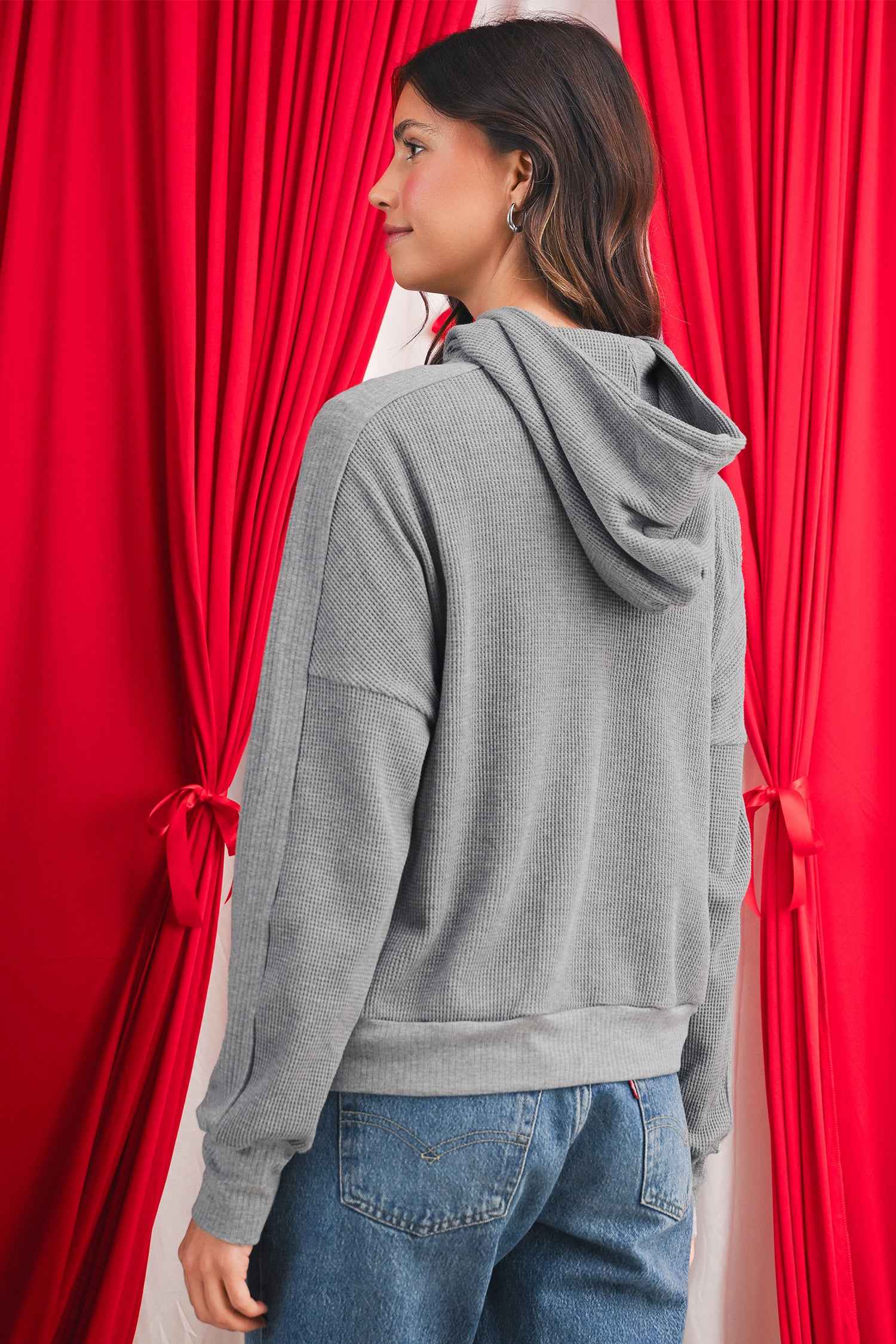 Burgundy Waffle Splicing Zip Up Front Button Hooded Jacket c53204034ae06737