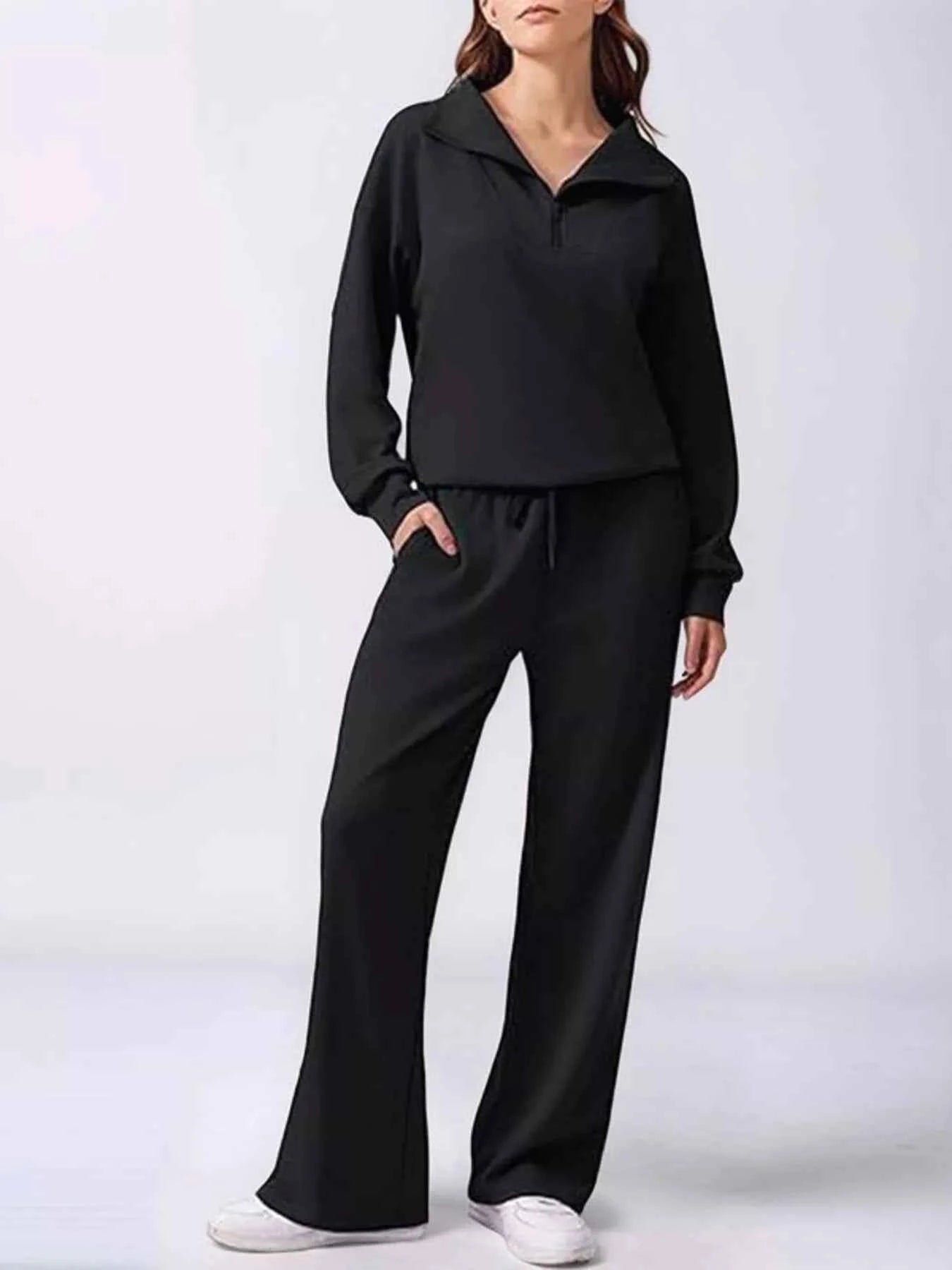 Relaxed Fit Quarter-Zip Top and Pants Set Black c533930d14a542fdacc87745cc0ad86c-Max-Origin