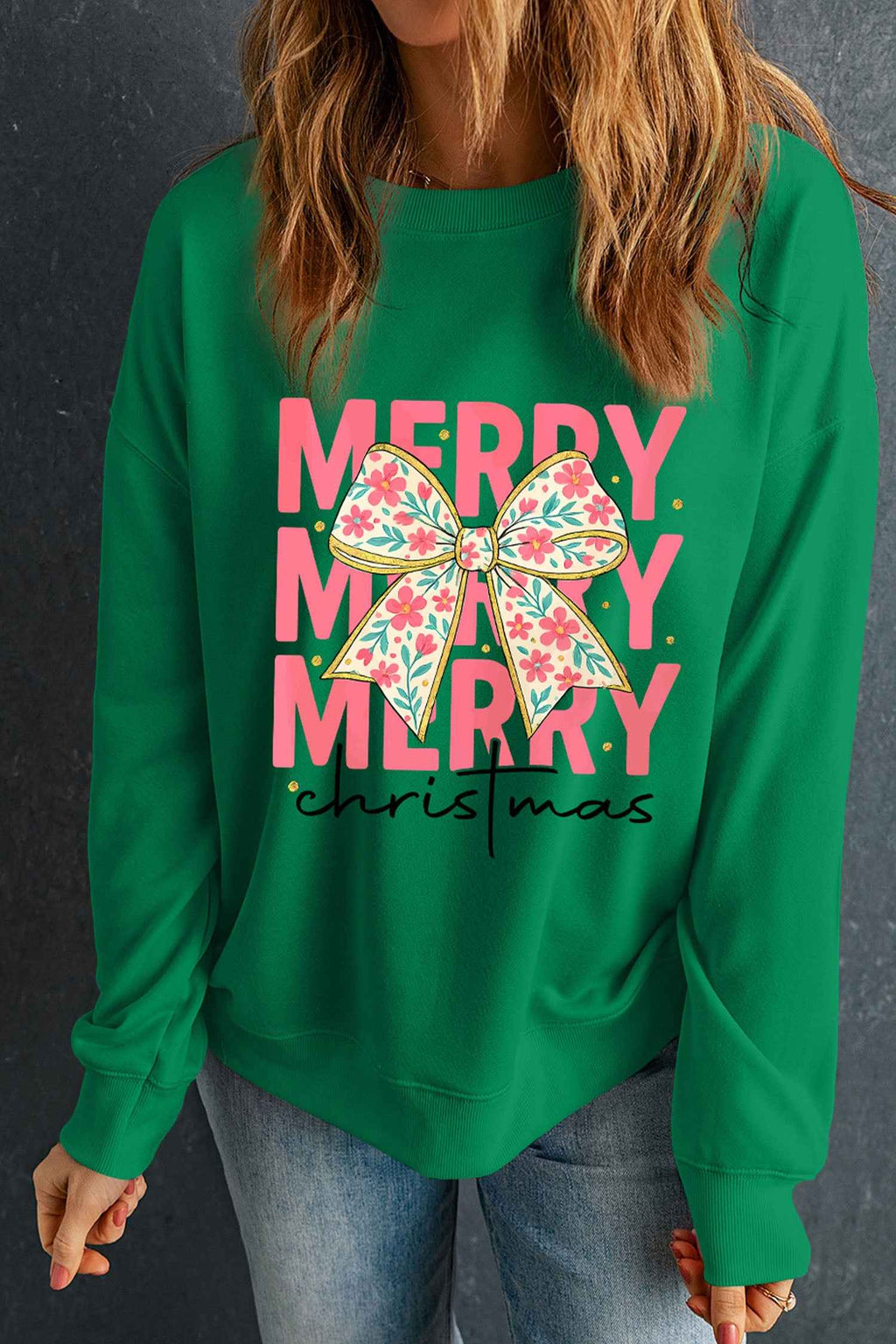 Dark Green MERRY Christmas Floral Bow Graphic Drop Shoulder Sweatshirt c53531ef5f151e6e