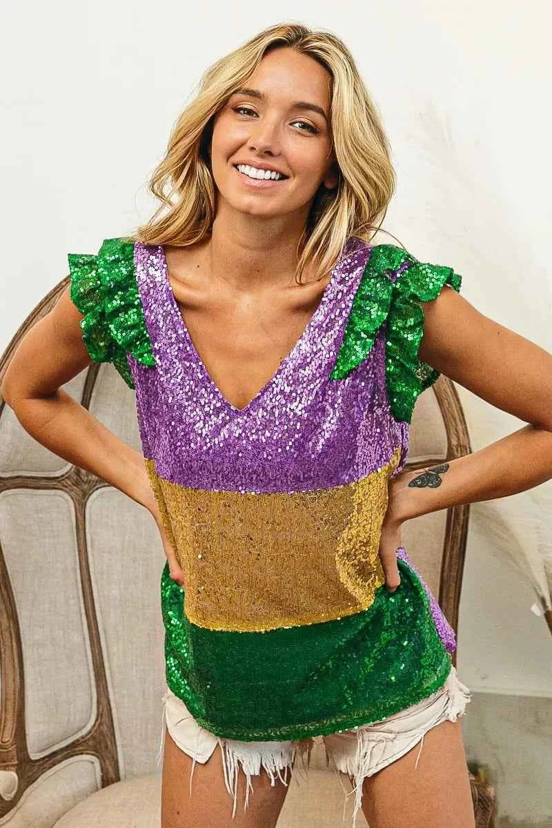 BiBi Mardi Gras Sequin Color Block Ruffled Top c5373228ede04df88270dfe17f616cf2-Max-Origin
