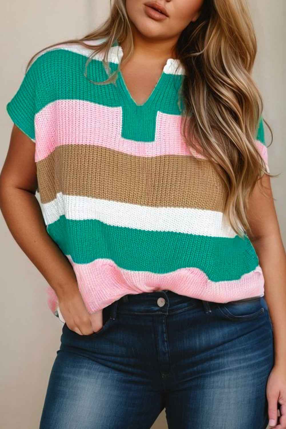 Multicolour Colorblock Notch V Neck Plus Size Knit T Shirt Multicolour c53aad4079ed85d3