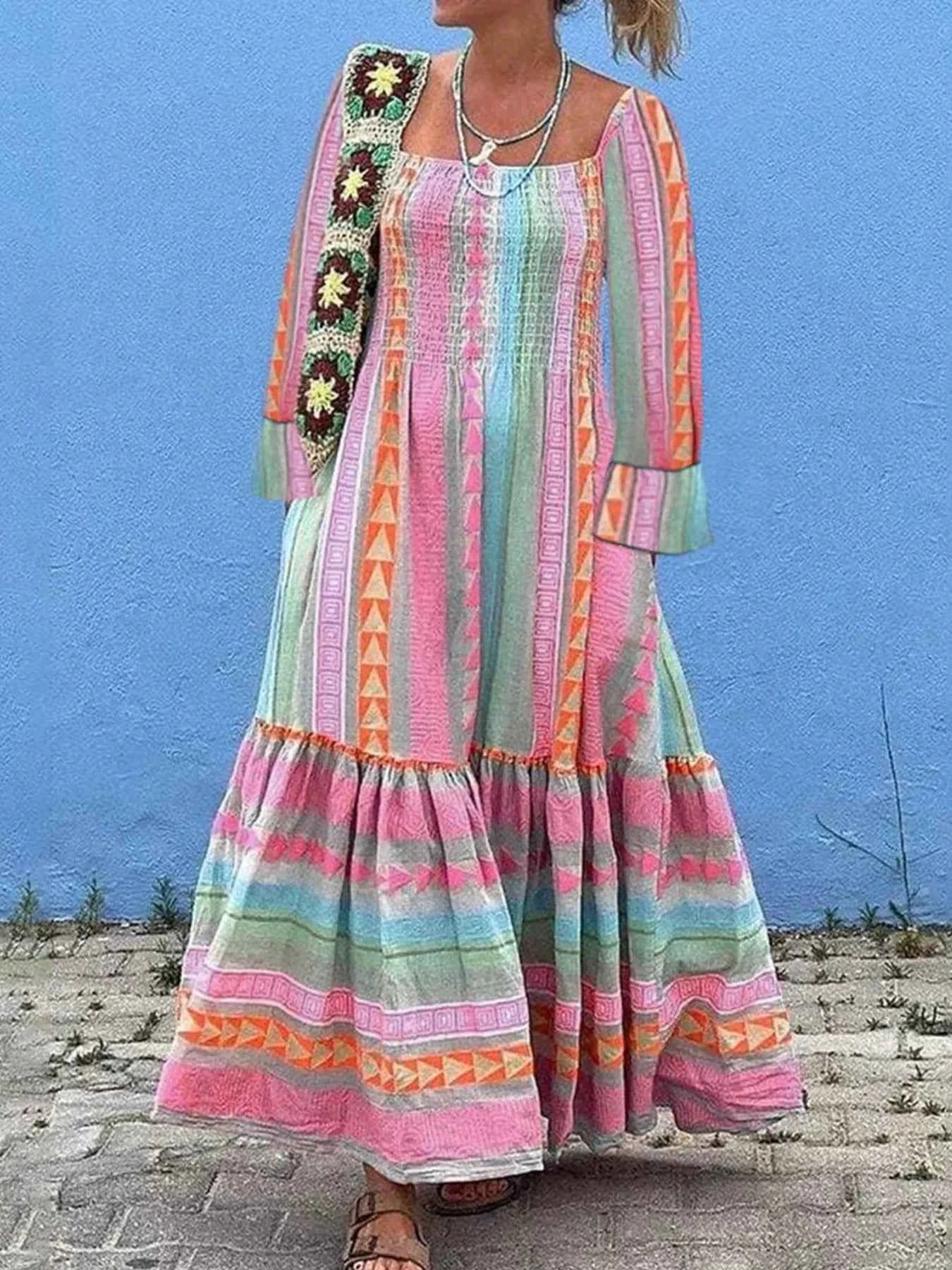 Smocked Square Neck Flounce Sleeve Maxi Dress c53d9586-f252-41ef-b81d-847fc0d88310-Max-Origin