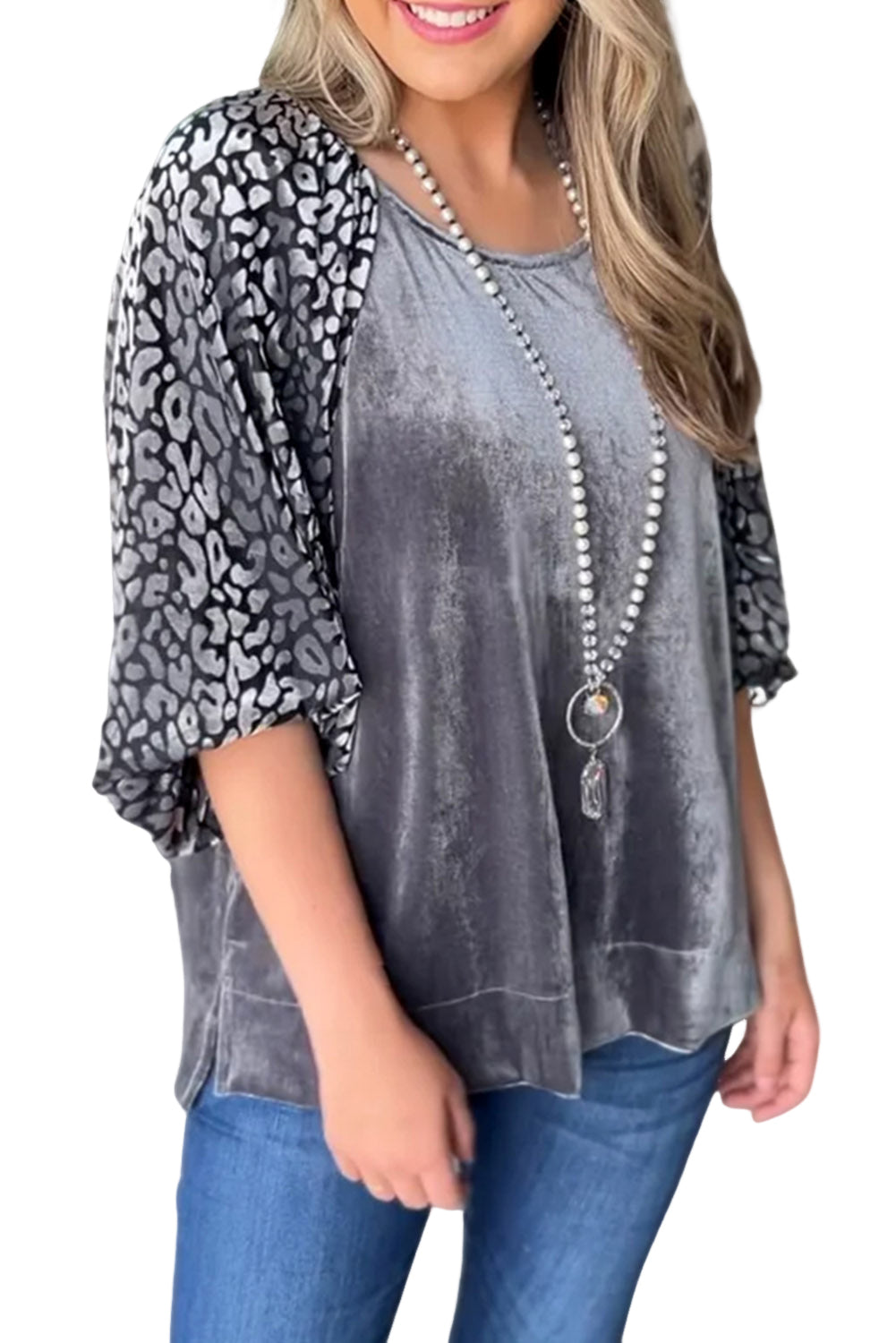 Grey Leopard Splicing Lantern Sleeve Velvet Blouse c5417db505b601d7