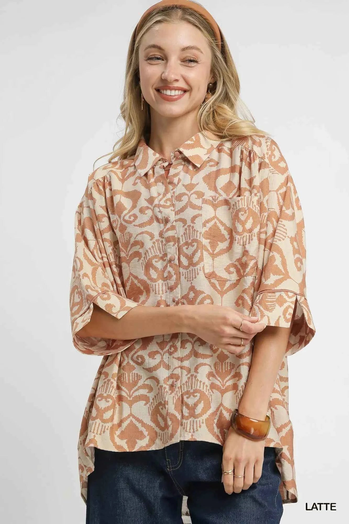 Umgee Abstract Print Button-Up Oversized Shirt LATTE c542a8c3-c4b5-4266-80e0-b812cfcfb6fc-Max-Origin