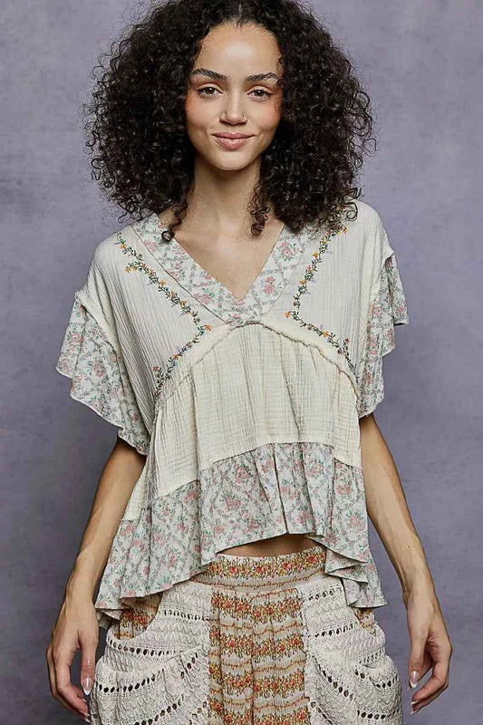 POL Floral V-Neck Short Sleeve Ruffled Double Gauze Blouse with Embroidery Detail c549705f-4b1c-4550-917b-d2c49d67426a-Max-Origin
