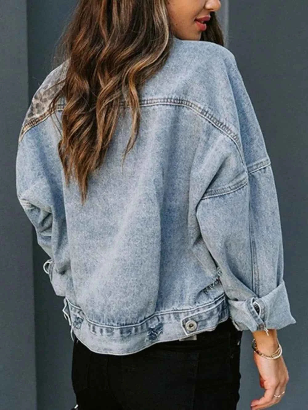 Distressed Leopard Drop Shoulder Denim Jacket c54a0768-e479-44e1-a2bd-20aac2809f1f-Max