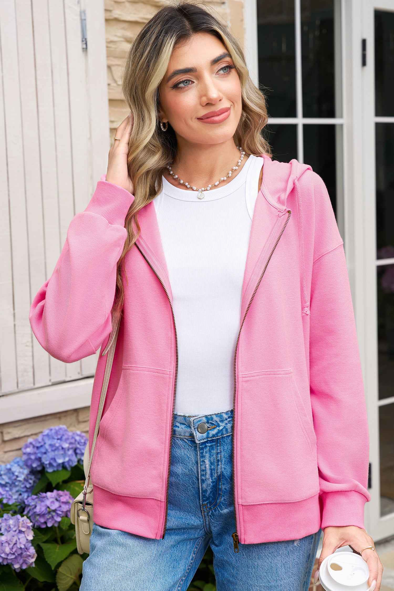 Sachet Pink Corduroy Zip Up Hooded Casual Jacket c54a3c99b84f5856