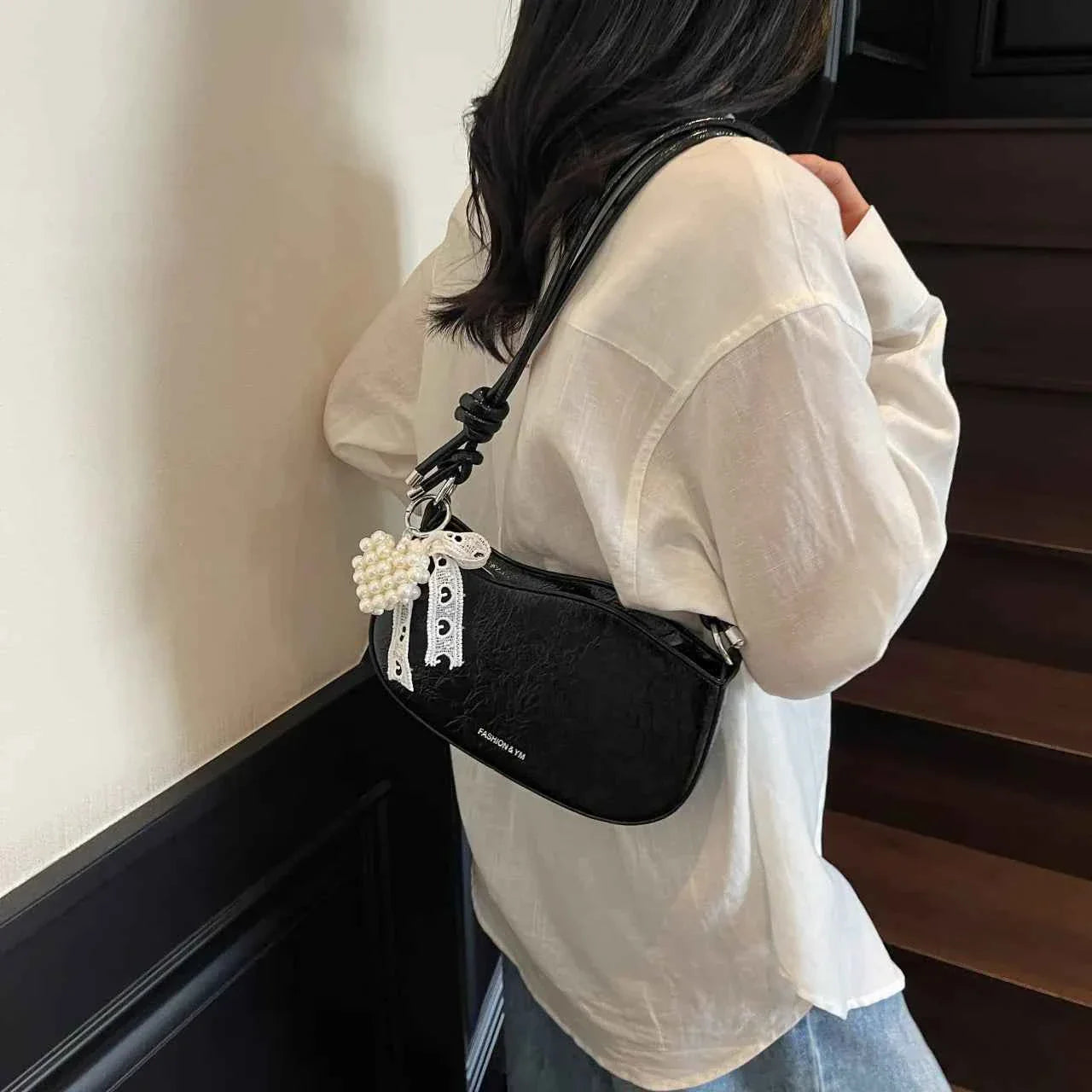 Leather Shoulder Bag with Pearl Detail Black onesize c54ba5c7284642058bd8f8b6cd60d897-Max-Origin