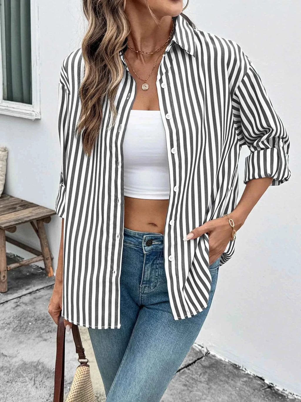 Striped Oversized Button-Up Shirt Black c54e8e94ae74461fa7480de9024347f2-Max-Origin