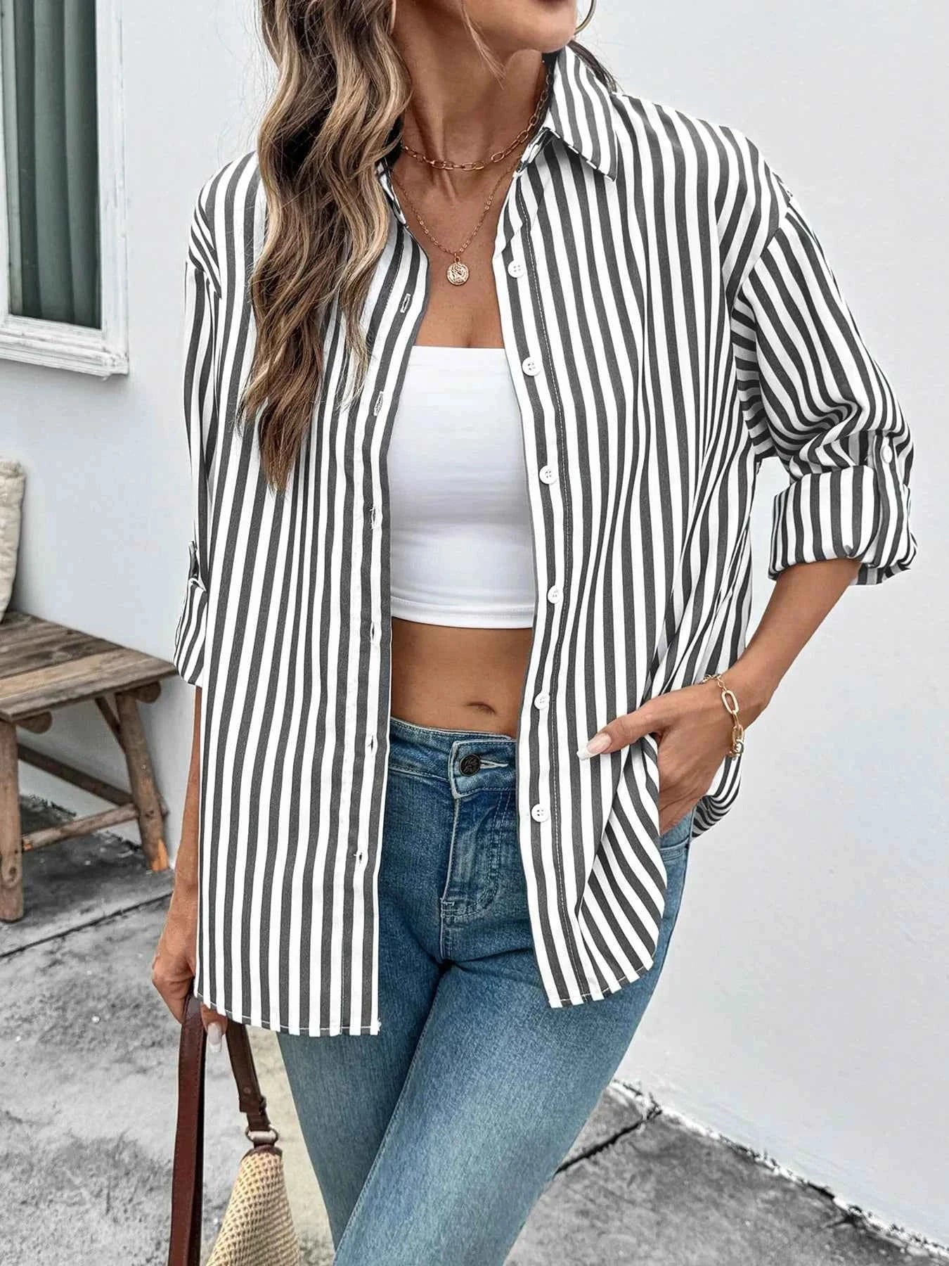 Striped Oversized Button-Up Shirt Black c54e8e94ae74461fa7480de9024347f2-Max-Origin
