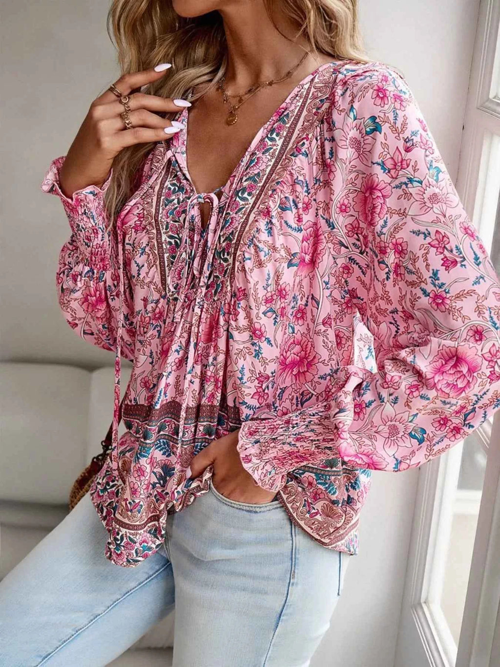 Floral Print Tie Neck Bohemian Blouse c54f6c32-0b08-4660-815b-501db65e2c3c-Max-Origin