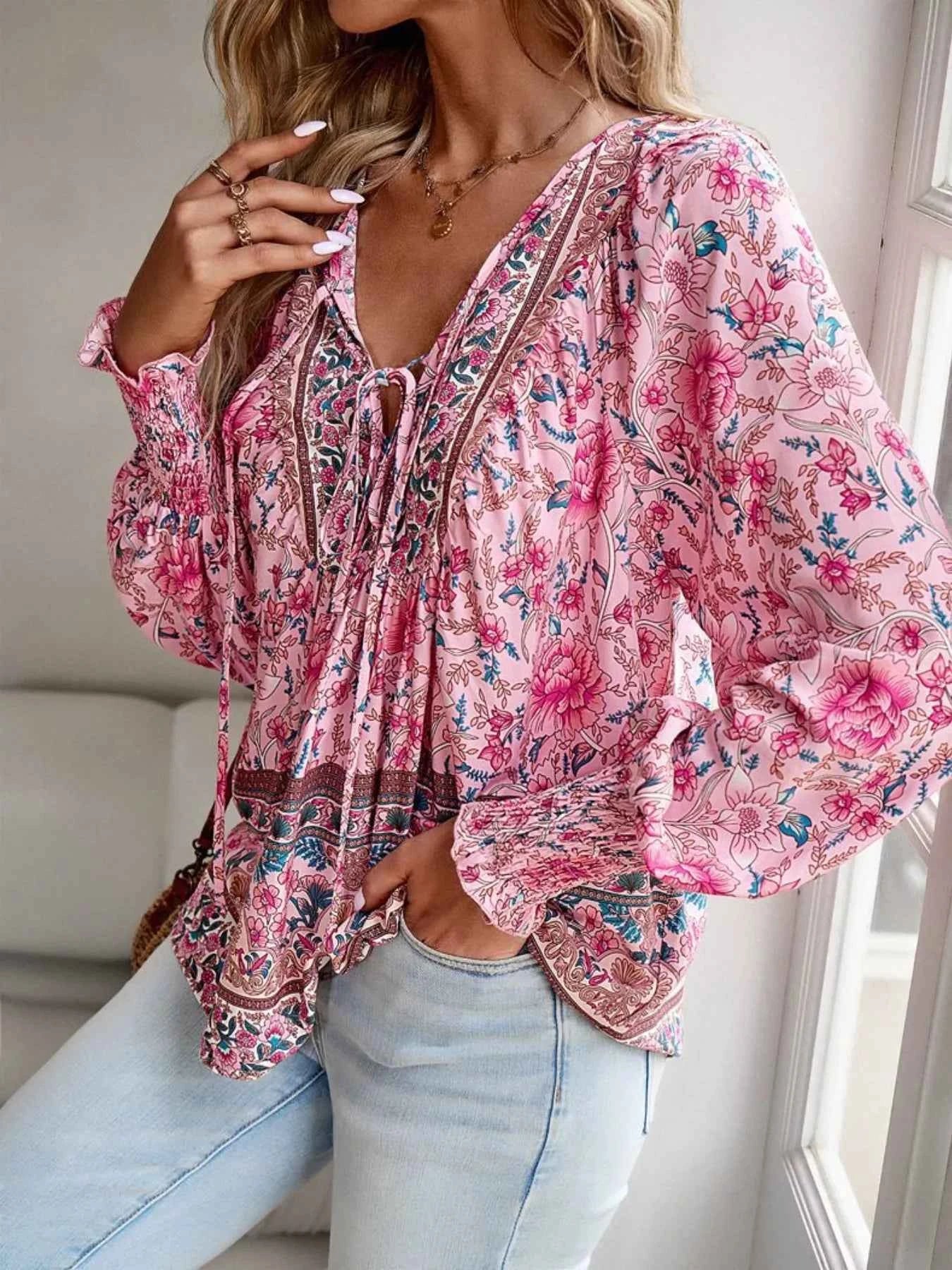 Floral Print Tie Neck Bohemian Blouse c54f6c32-0b08-4660-815b-501db65e2c3c-Max-Origin