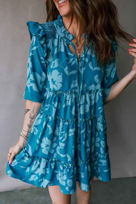 Flower 3/4 Sleeve Ruffle Tiered Dress Blue c55209da-3276-49e2-8016-206911d9c3e6