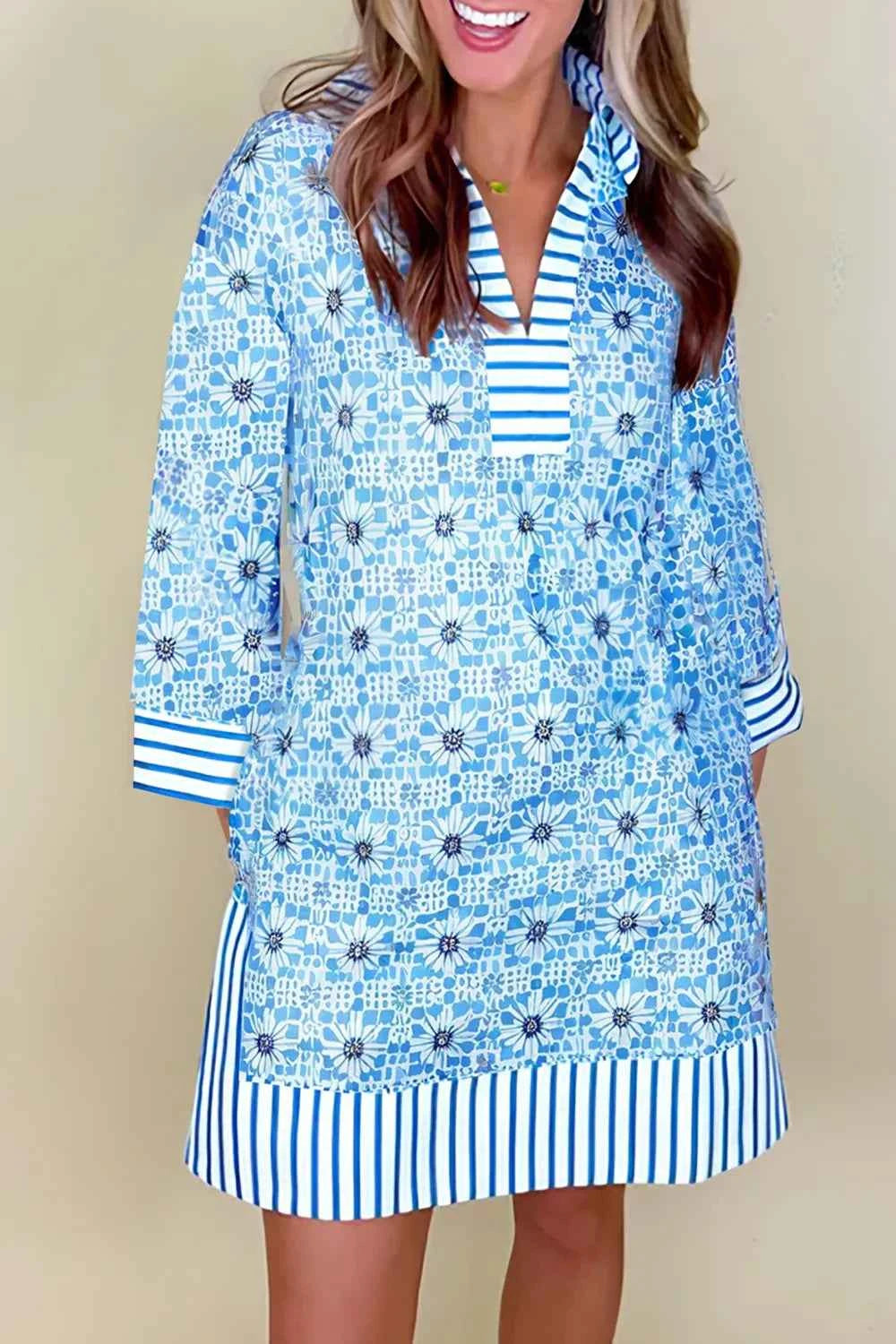 Striped Hem Printed 3/4 Sleeve Dress Pastel Blue c553755e-acff-45ab-8d6c-8420466a65d1-Max-Origin