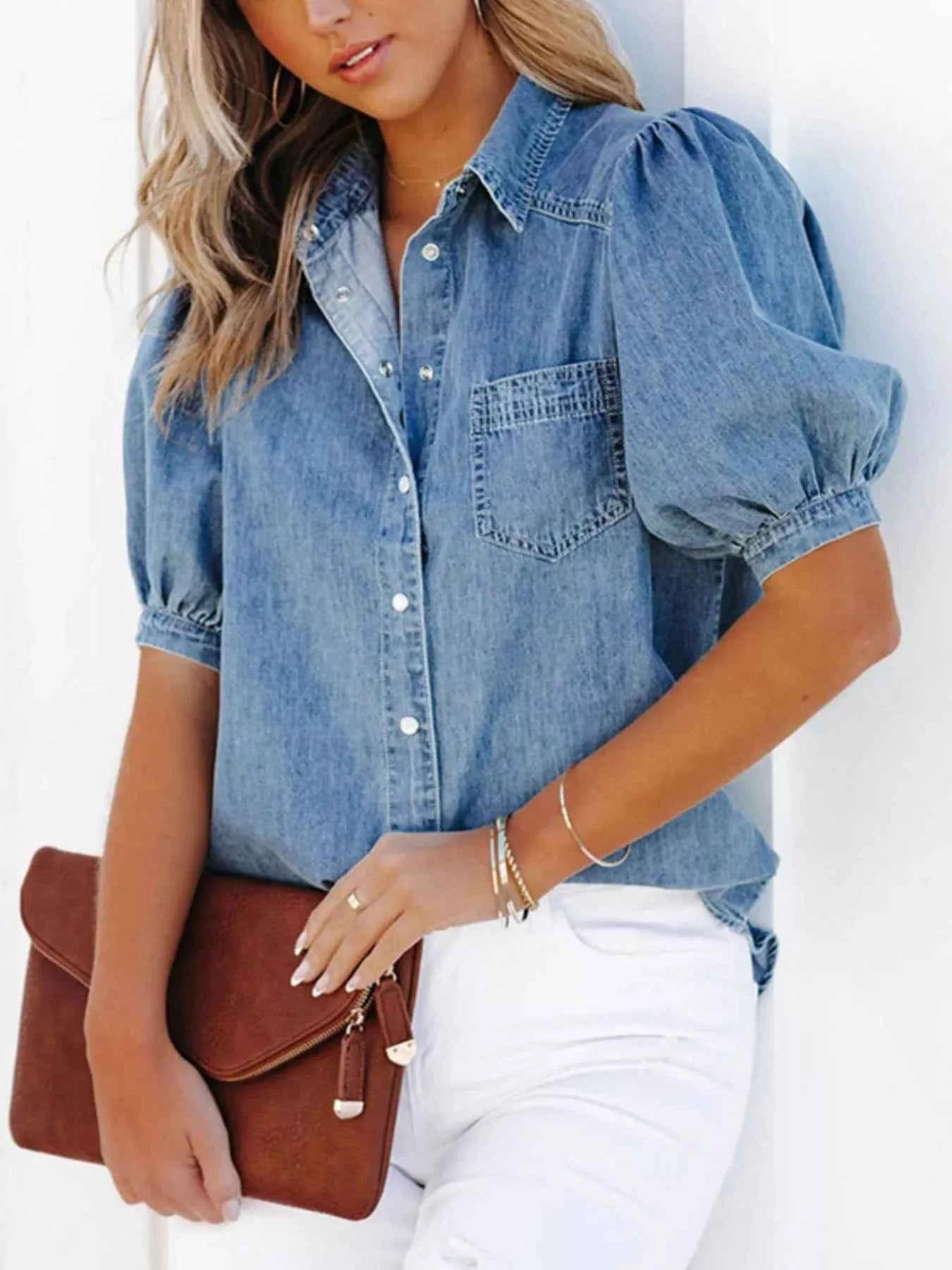 Puff Sleeve Button-Down Denim Top c55408cc-c681-42bf-9031-4093ea8e9a06-Max-Origin