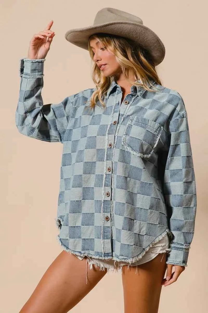 BiBi Frayed Edged Detail Washed Checker Denim Shirt c556880fe4da4308aad0228ee70c998f-Max-Origin