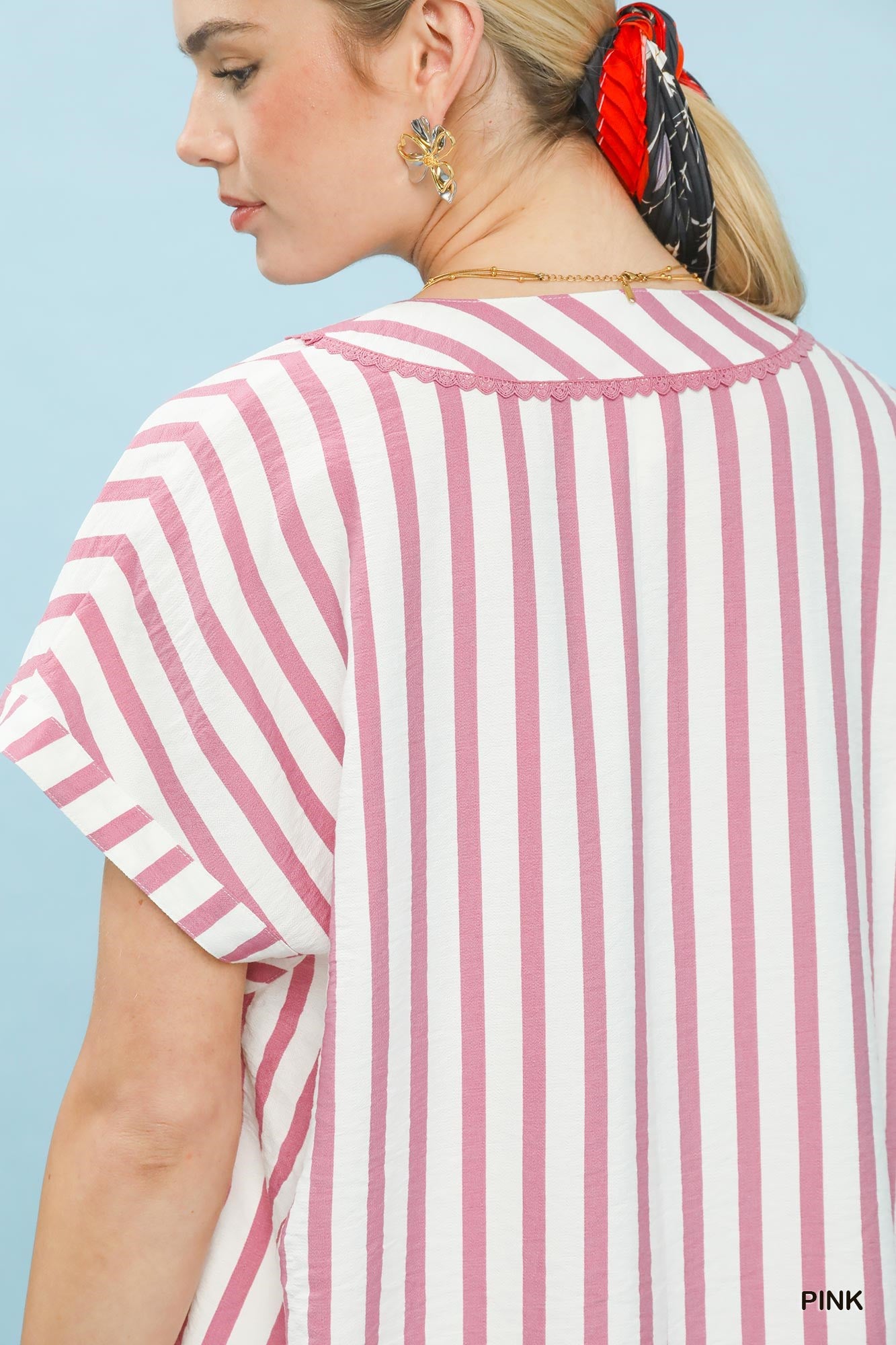 Umgee Mixed Stripe Split Neck Oversized Blouse c558b0a8-10e5-4ca2-81ff-f1ef76205048-Max