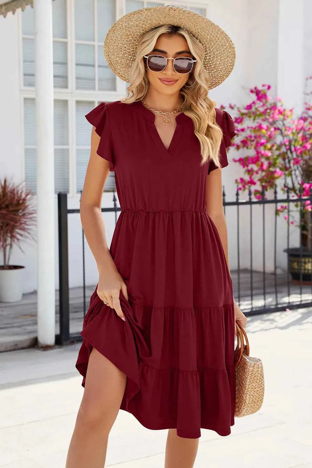 Ruched Notched Cap Sleeve Dress c559c99e-de8f-482f-a80b-cb23bd884912-Max