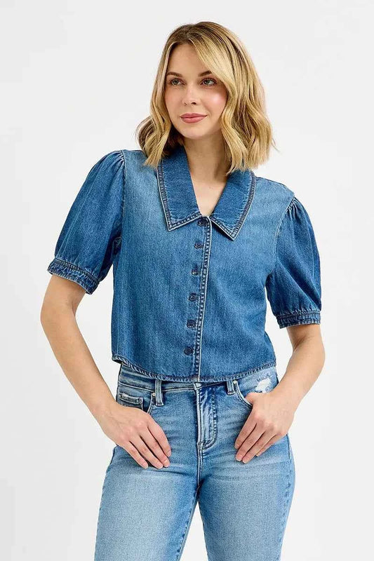 Button Down Puff Sleeve Crop Denim Shirt c55c48df517e4067878ffe78999f5700-Max-Origin